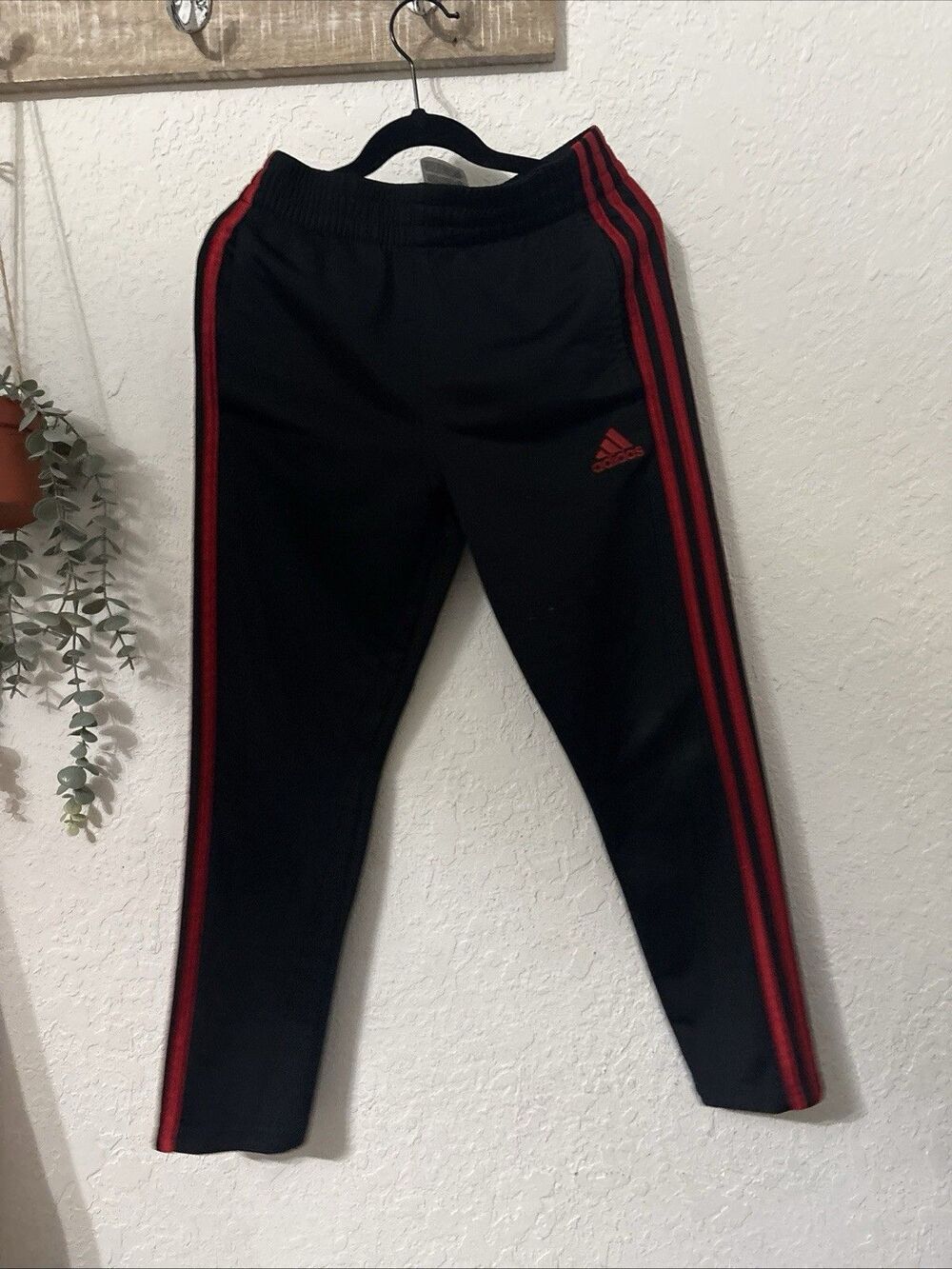 Adidas Track Pants Boys SZ Small Black w/ Red Side Stripes